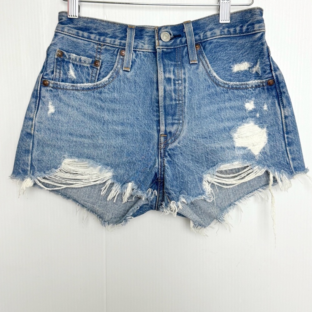 Levis 501 Cutoff Jean Shorts Womens Blue Ripped Cotton Button Fly Denim 24